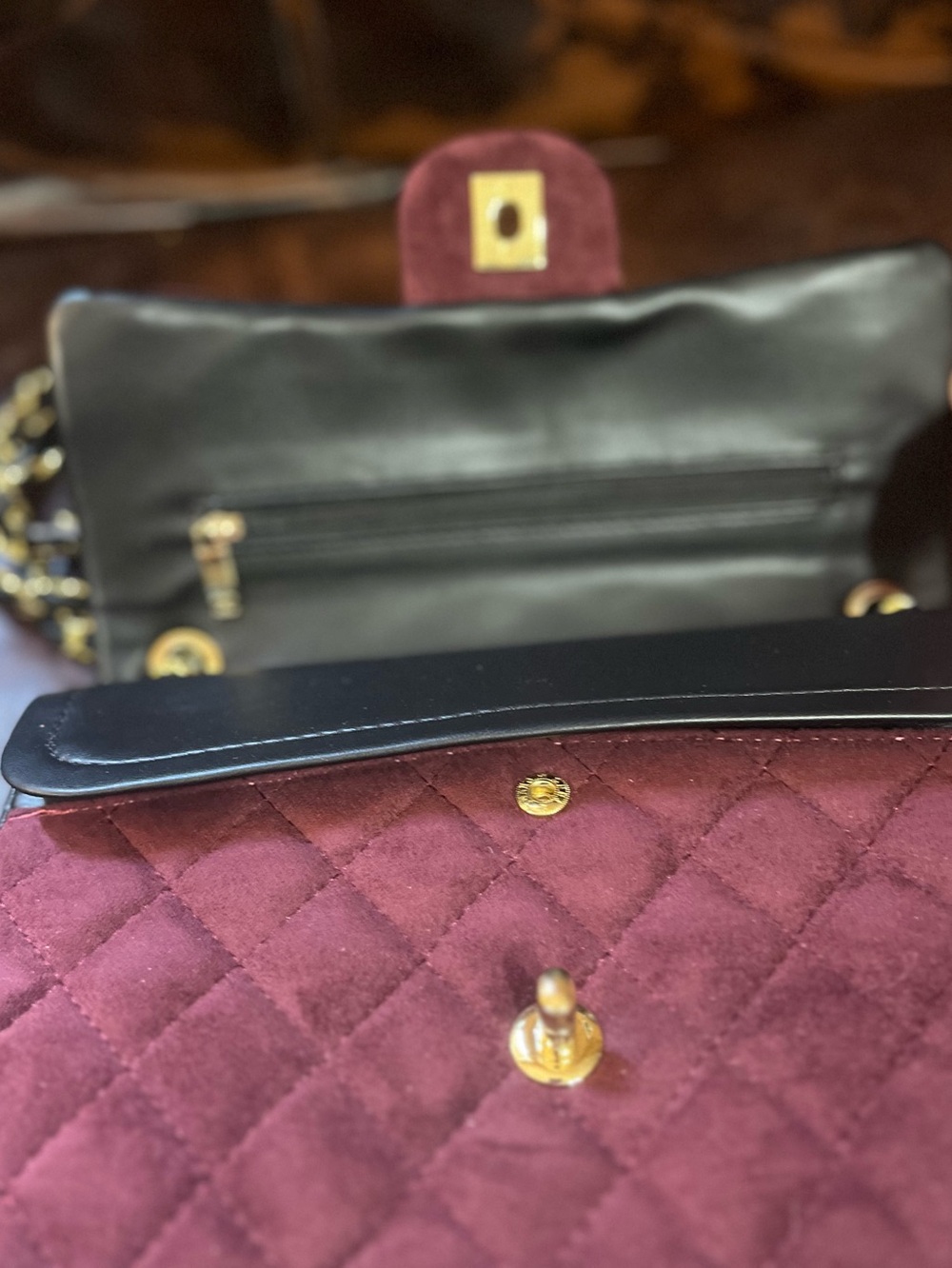 ChaneI Burgundy Black Trim Quilted MicroSuede Classic Flap Bag - Picture 10 of 11